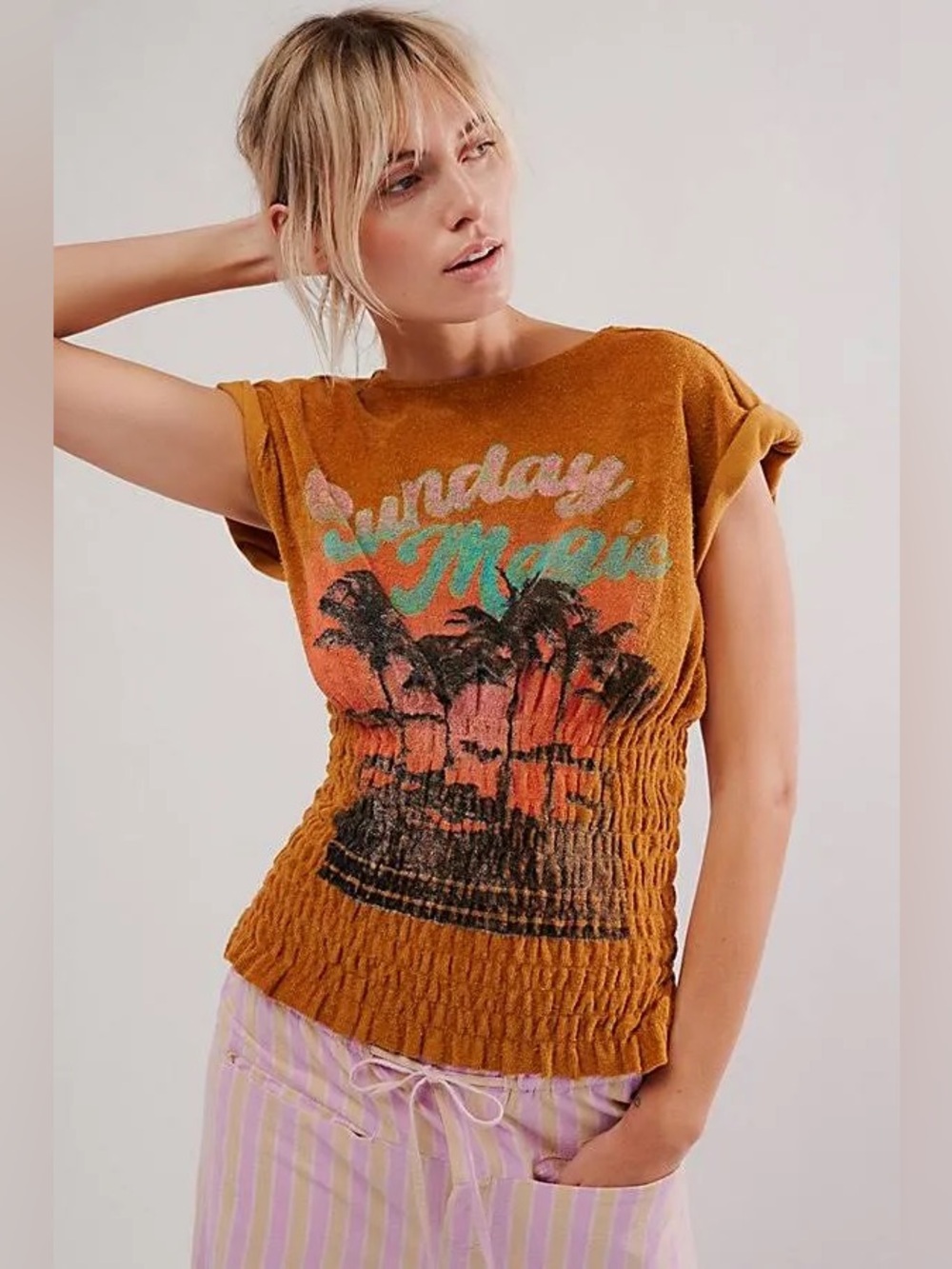Sadie Towel Terry Smocked Top- Buckthorn Brown $98 MSRP